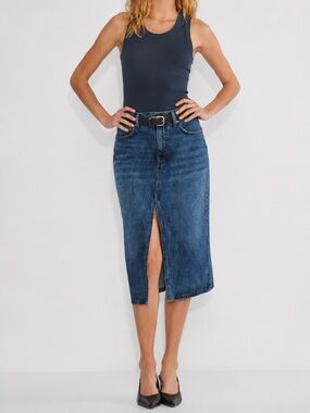 Denim Forum The ’90s Halle Denim Midi Skirt Front Slit Blue Jean Skirt Size 26